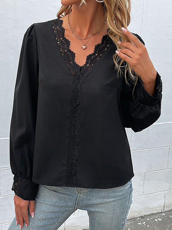 Blue Zone Planet |  woven V-neck lace long-sleeved shirt BLUE ZONE PLANET