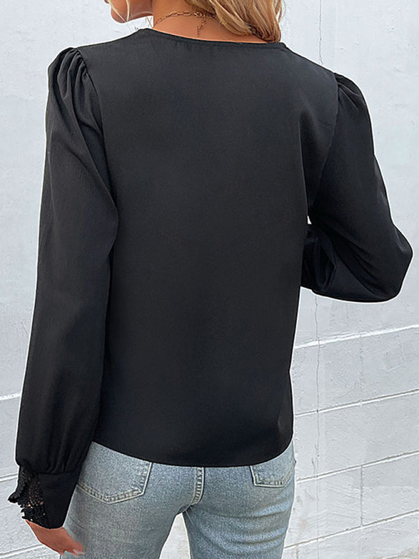 Blue Zone Planet |  woven V-neck lace long-sleeved shirt BLUE ZONE PLANET
