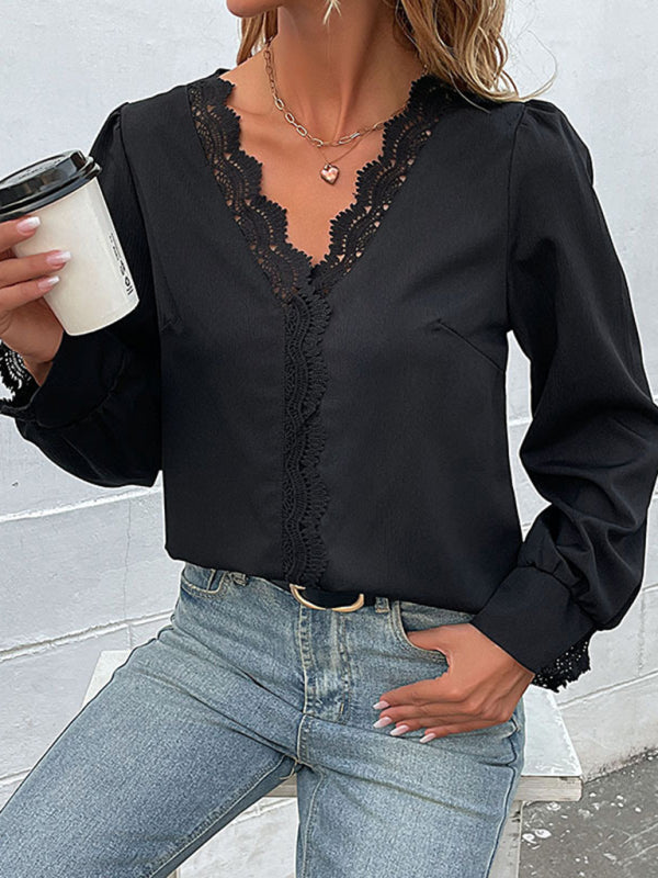 Blue Zone Planet |  woven V-neck lace long-sleeved shirt BLUE ZONE PLANET