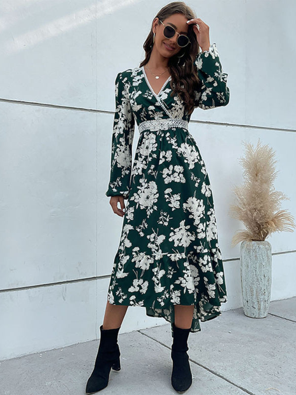 Women's woven ruffled long-sleeved printed irregular dress-TOPS / DRESSES-[Adult]-[Female]-2022 Online Blue Zone Planet