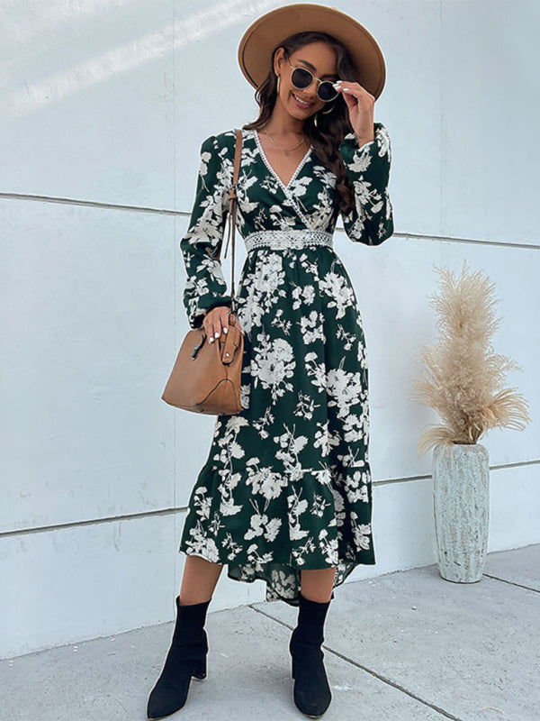 Women's woven ruffled long-sleeved printed irregular dress-TOPS / DRESSES-[Adult]-[Female]-2022 Online Blue Zone Planet