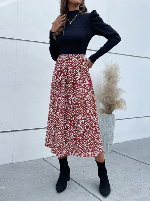 Blue Zone Planet |  Half High Collar Mosaic Zebra Print Puff Sleeve Midi Dress BLUE ZONE PLANET