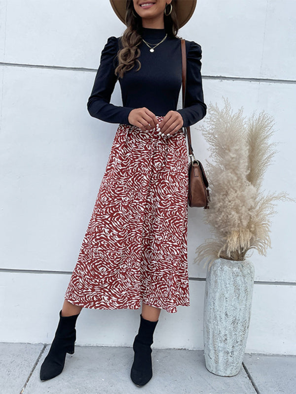 Blue Zone Planet |  Half High Collar Mosaic Zebra Print Puff Sleeve Midi Dress BLUE ZONE PLANET