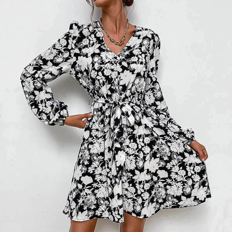 Blue Zone Planet |  Woven V-Neck Printed Long-Sleeved Dress BLUE ZONE PLANET