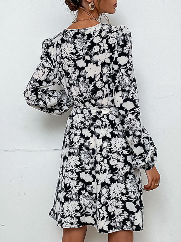 Blue Zone Planet |  Woven V-Neck Printed Long-Sleeved Dress BLUE ZONE PLANET