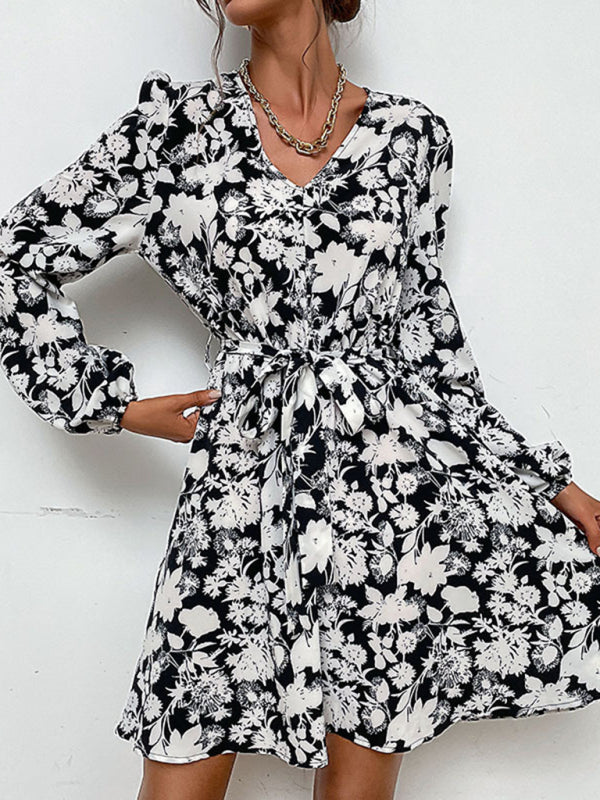 Blue Zone Planet |  Woven V-Neck Printed Long-Sleeved Dress BLUE ZONE PLANET