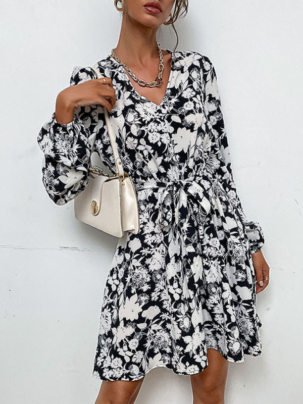 Blue Zone Planet |  Woven V-Neck Printed Long-Sleeved Dress BLUE ZONE PLANET