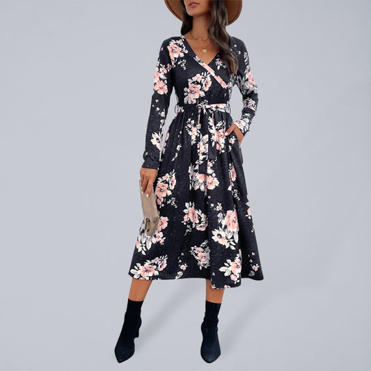 Blue Zone Planet |  V-neck long-sleeve printed mid-length dress BLUE ZONE PLANET