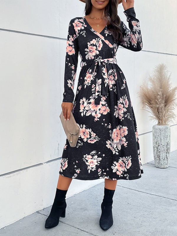 Blue Zone Planet |  V-neck long-sleeve printed mid-length dress BLUE ZONE PLANET