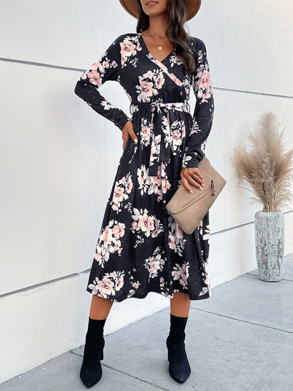 Blue Zone Planet |  V-neck long-sleeve printed mid-length dress BLUE ZONE PLANET