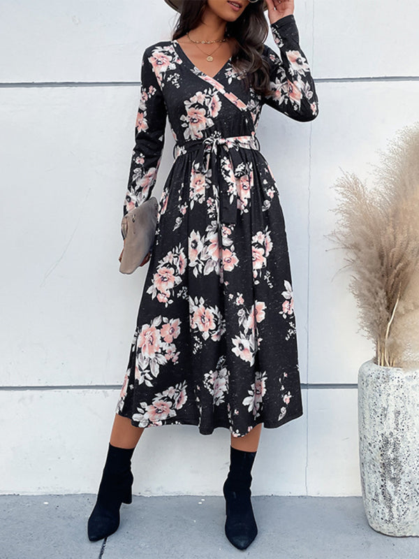 Blue Zone Planet |  V-neck long-sleeve printed mid-length dress BLUE ZONE PLANET
