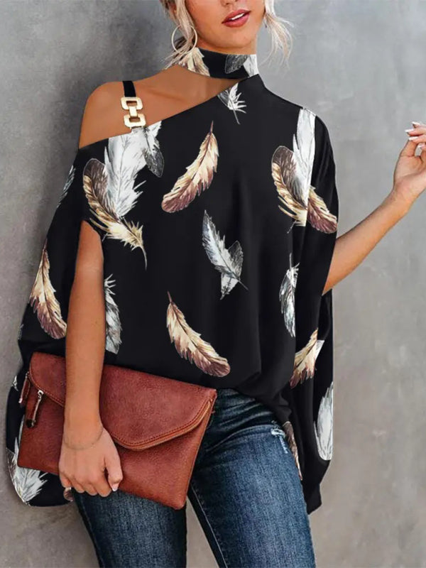 Halter Neck Dolman Sleeve Print Shirt Ladies Shirt Clothing BLUE ZONE PLANET