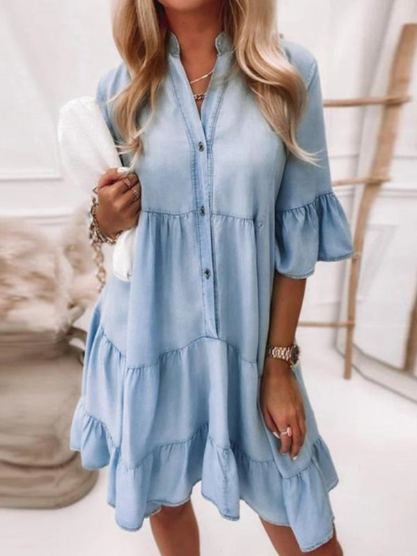 Blue Planet | solid color half-sleeved A-line denim dress - Blue Blue Zone Planet Blue Planet | solid color half-sleeved A-line denim dress - Blue Blue Zone Planet