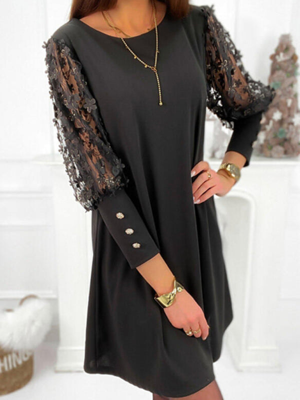 Blue Zone Planet |  solid Color Lace Sleeve Dress BLUE ZONE PLANET