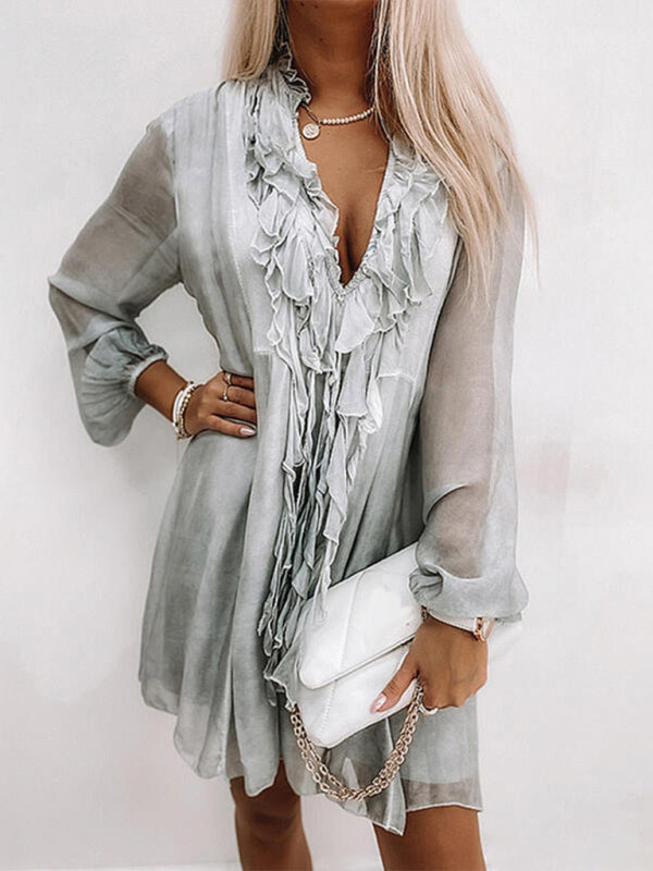 solid color ruffled long sleeve dress BLUE ZONE PLANET