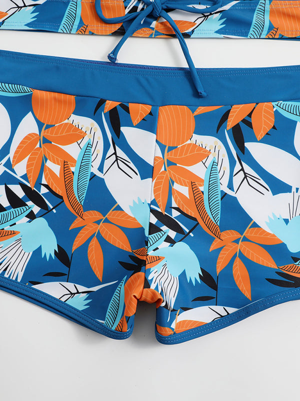Blue Zone Planet |  Split Swimsuit High Waist Boxer Ties Printed Solid Color Stitching Bikini BLUE ZONE PLANET