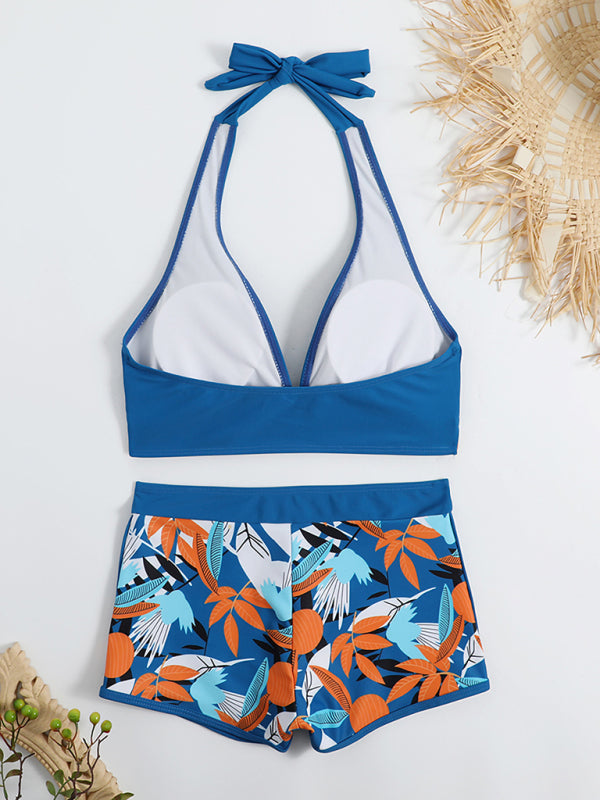 Blue Zone Planet |  Split Swimsuit High Waist Boxer Ties Printed Solid Color Stitching Bikini BLUE ZONE PLANET