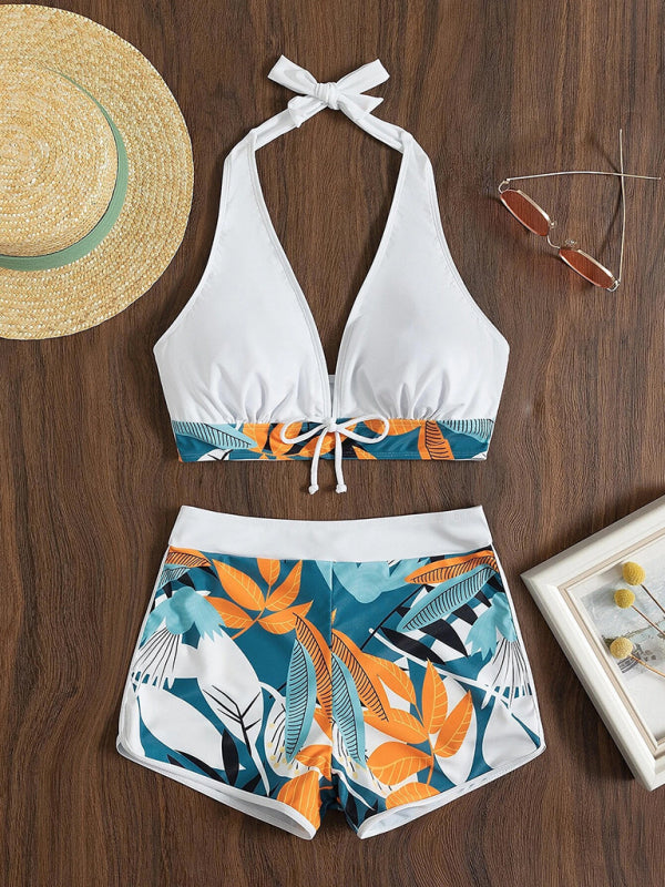 Blue Zone Planet |  Split Swimsuit High Waist Boxer Ties Printed Solid Color Stitching Bikini BLUE ZONE PLANET