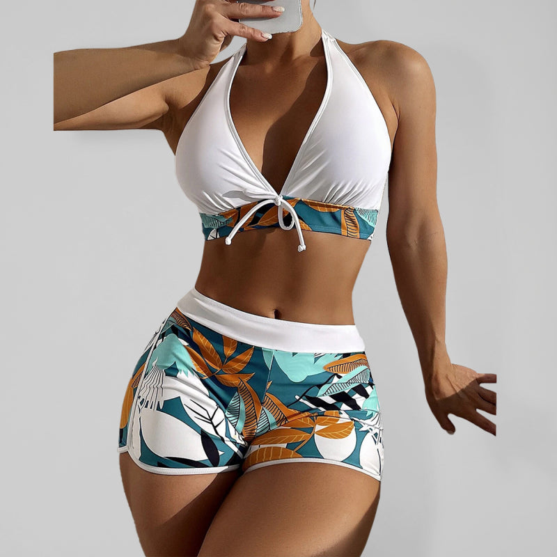 Blue Zone Planet |  Split Swimsuit High Waist Boxer Ties Printed Solid Color Stitching Bikini BLUE ZONE PLANET
