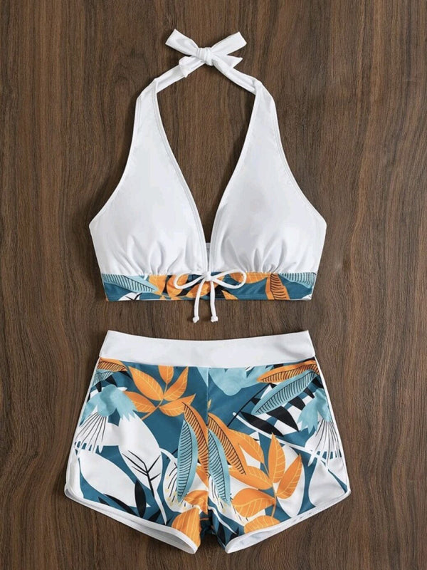 Blue Zone Planet |  Split Swimsuit High Waist Boxer Ties Printed Solid Color Stitching Bikini BLUE ZONE PLANET