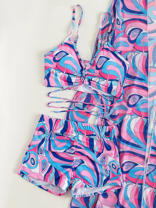 Blue Zone Planet |  Split three-piece high waist long-sleeved blouse drawstring bikini kakaclo