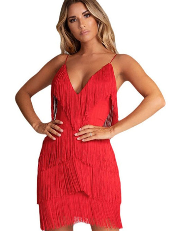 Dress Tassel Stitching Backless Evening Dress Deep V Neck Dress BLUE ZONE PLANET