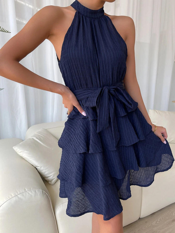 Blue Zone Planet |  Belted sleeveless ruffled pleated mini dress BLUE ZONE PLANET
