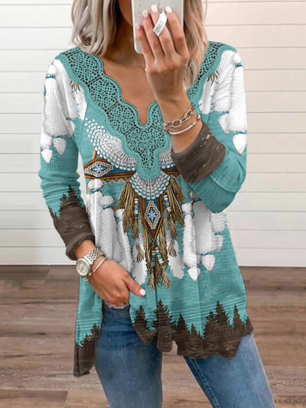 Knitted Ethnic Aztec Print Lace Top BLUE ZONE PLANET