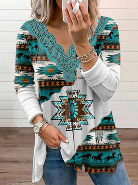 Knitted Ethnic Aztec Print Lace Top BLUE ZONE PLANET