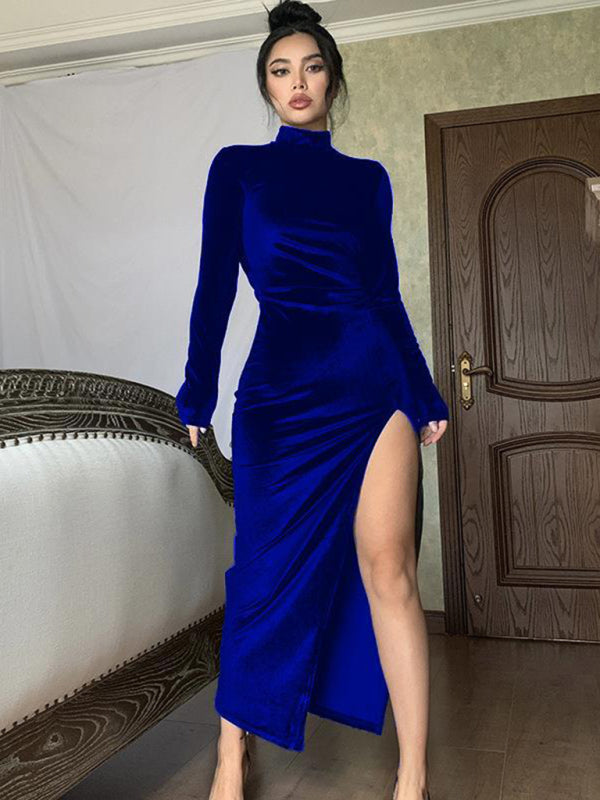Blue Zone Planet |  High-neck long velvet dress slim sexy pleated slit dress kakaclo