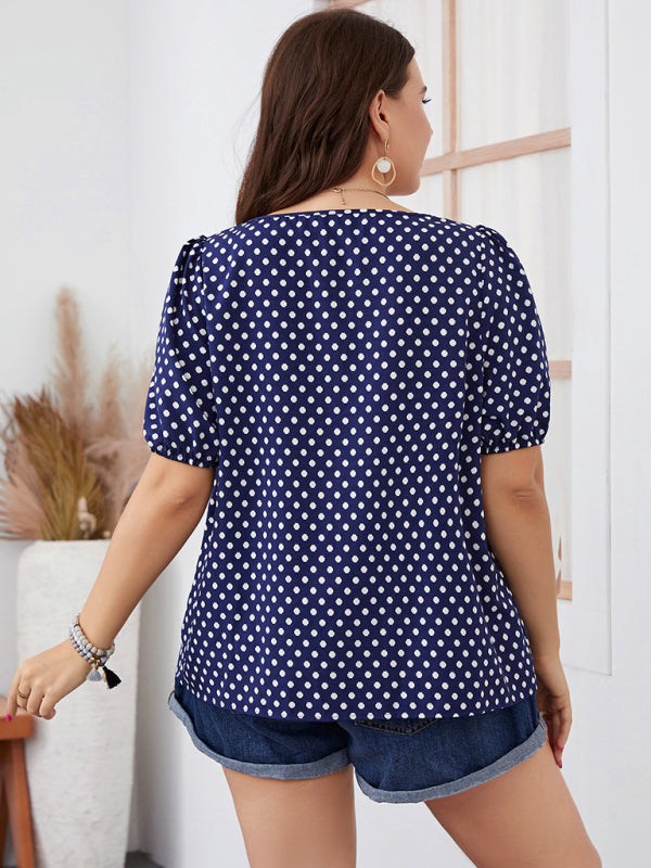 Large size women's chiffon short woven round neck plaid temperament commuter polka dot shirt kakaclo