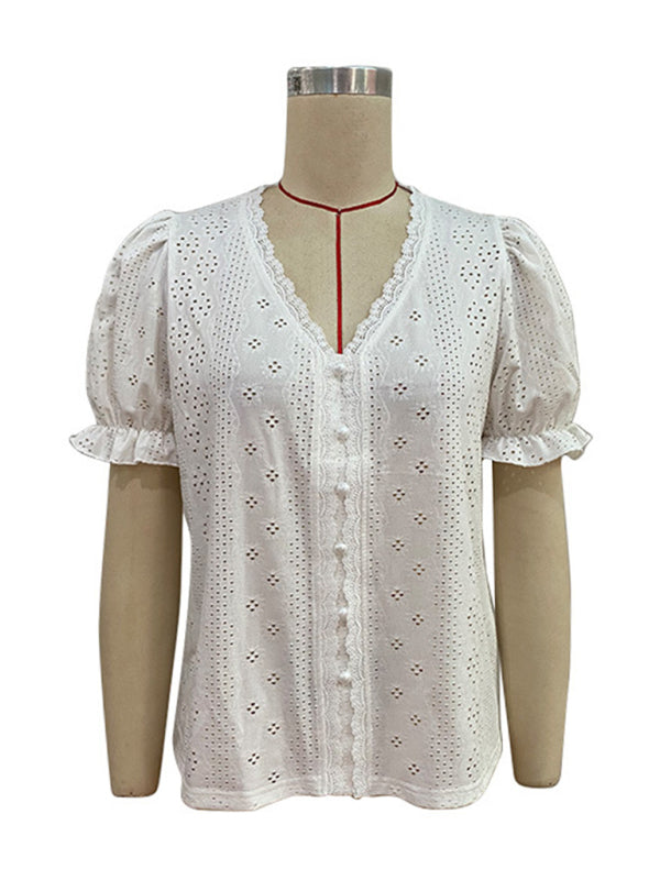 Women's solid color V-neck hollow short-sleeved blouse kakaclo