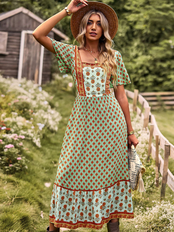 Blue Zone Planet |  Neck Bohemian Short Sleeve Midi Dress BLUE ZONE PLANET