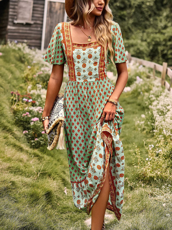Blue Zone Planet |  Neck Bohemian Short Sleeve Midi Dress BLUE ZONE PLANET
