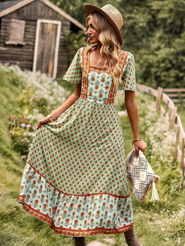 Blue Zone Planet |  Neck Bohemian Short Sleeve Midi Dress BLUE ZONE PLANET