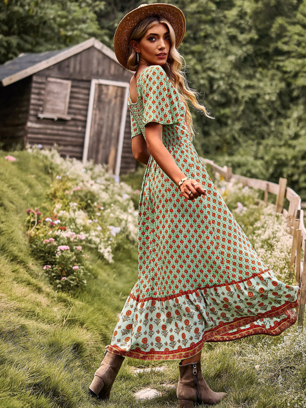 Blue Zone Planet |  Neck Bohemian Short Sleeve Midi Dress BLUE ZONE PLANET