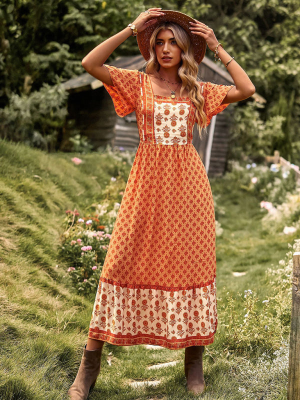 Blue Zone Planet |  Neck Bohemian Short Sleeve Midi Dress BLUE ZONE PLANET