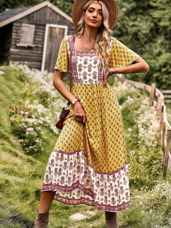 Blue Zone Planet |  Neck Bohemian Short Sleeve Midi Dress BLUE ZONE PLANET