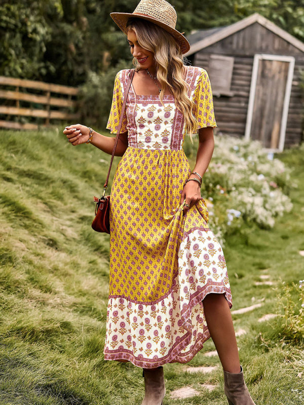 Blue Zone Planet |  Neck Bohemian Short Sleeve Midi Dress BLUE ZONE PLANET