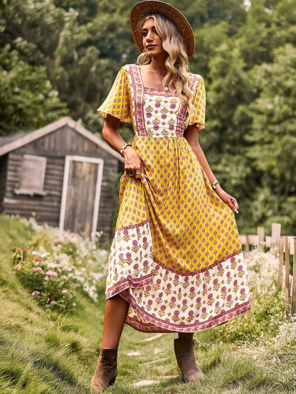 Blue Zone Planet |  Neck Bohemian Short Sleeve Midi Dress BLUE ZONE PLANET