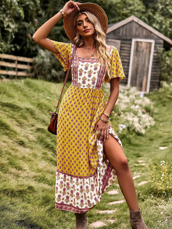 Blue Zone Planet |  Neck Bohemian Short Sleeve Midi Dress BLUE ZONE PLANET