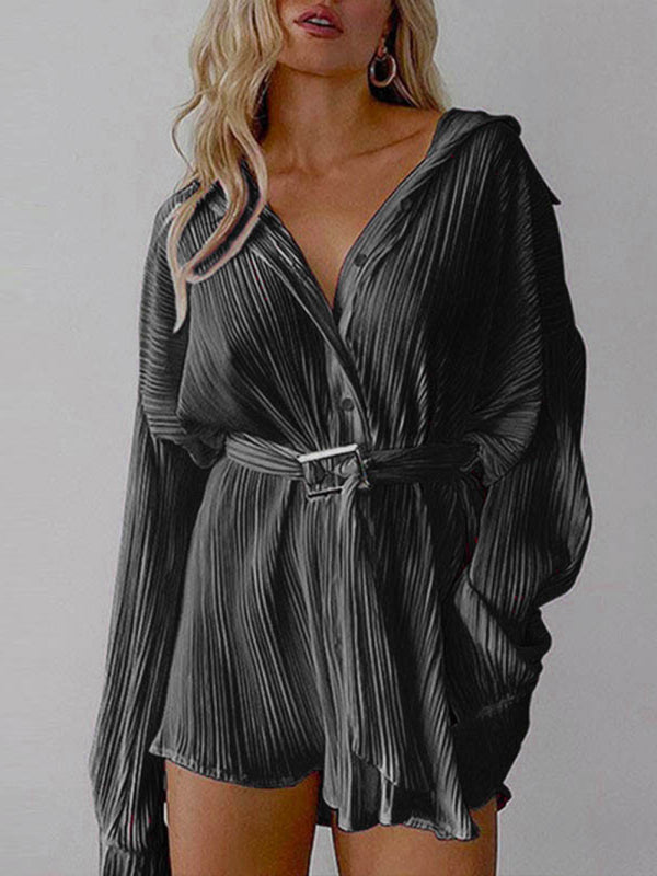 Pleated Long Sleeve Belted Shirt Dress BLUE ZONE PLANET