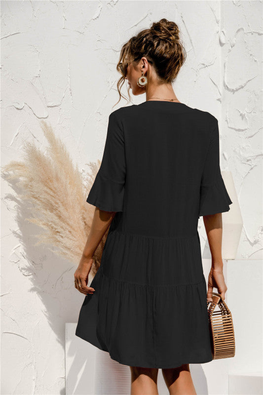 Blue Zone Planet |  V-neck trumpet sleeve cake style stitching dress BLUE ZONE PLANET