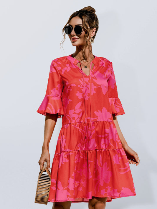 Blue Zone Planet |  V-neck trumpet sleeve cake style stitching dress BLUE ZONE PLANET