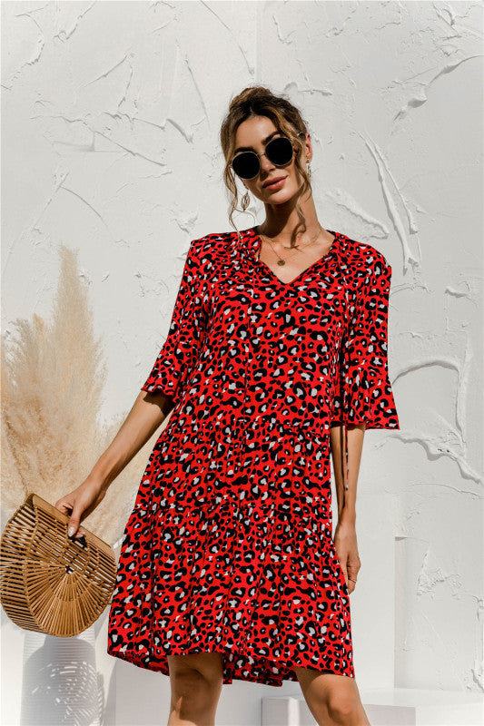 Blue Zone Planet |  V-neck trumpet sleeve cake style stitching dress BLUE ZONE PLANET