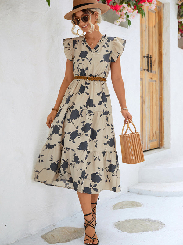 Floral V-neck Printed Flying Sleeve Dress BLUE ZONE PLANET