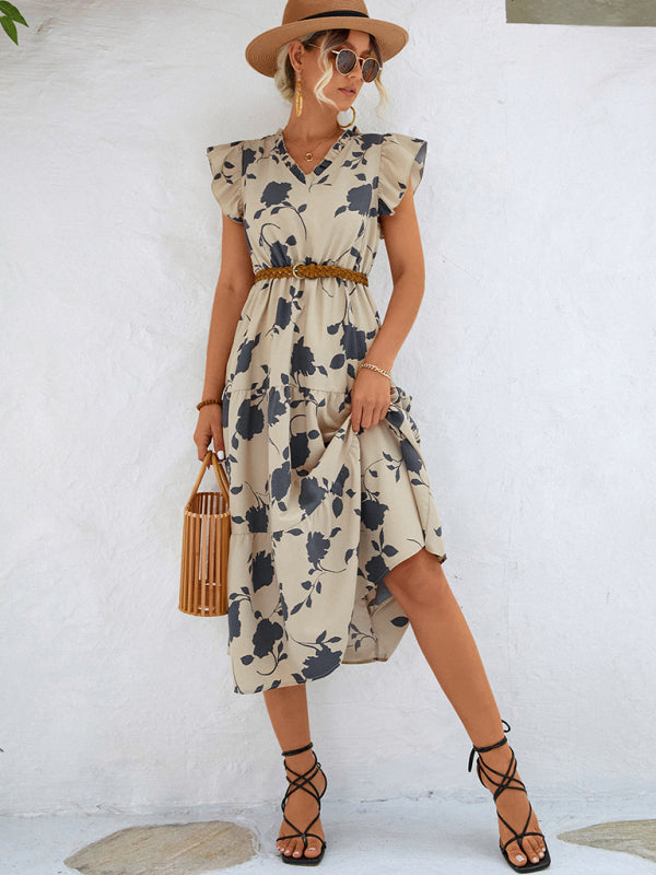 Floral V-neck Printed Flying Sleeve Dress BLUE ZONE PLANET