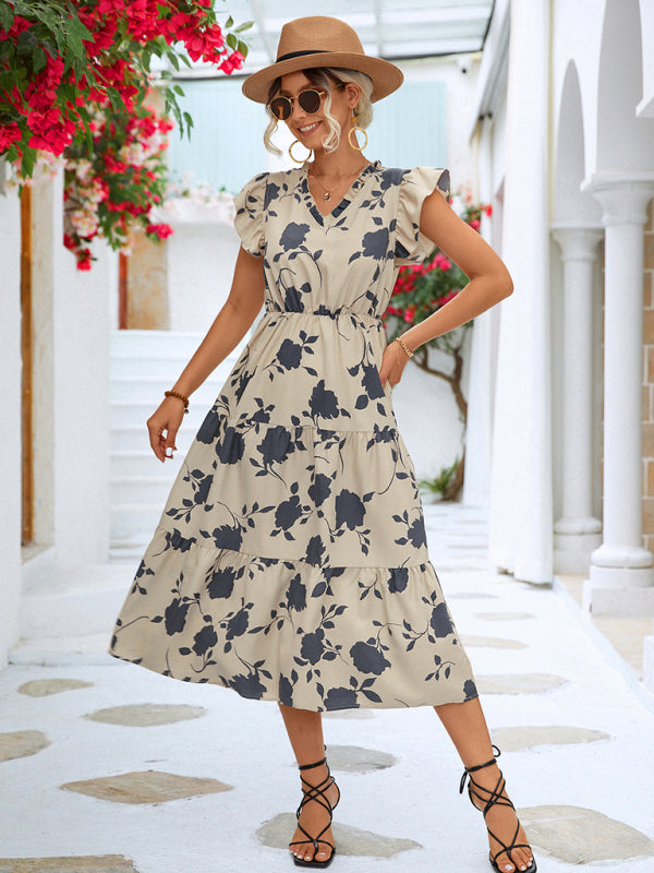Floral V-neck Printed Flying Sleeve Dress BLUE ZONE PLANET