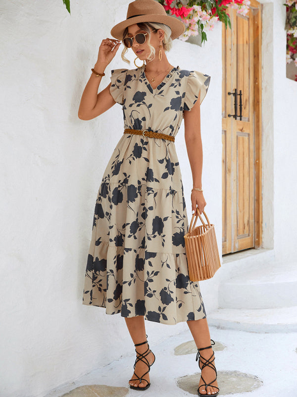 Floral V-neck Printed Flying Sleeve Dress BLUE ZONE PLANET