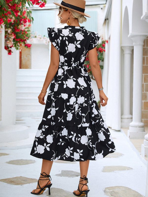Floral V-neck Printed Flying Sleeve Dress BLUE ZONE PLANET
